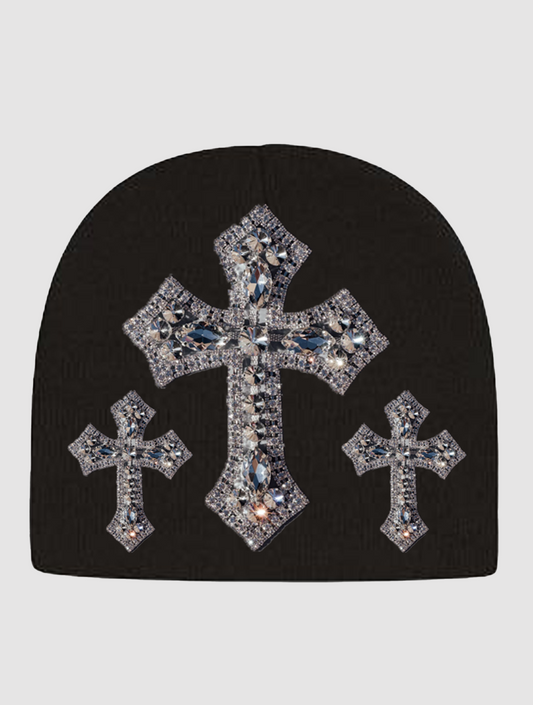 Cross Rhinestone Beanie Black