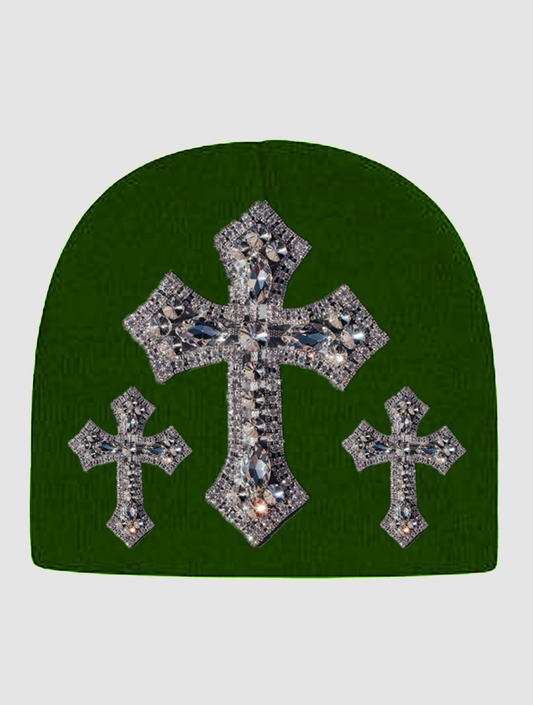 Cross Rhinestone Beanie Green