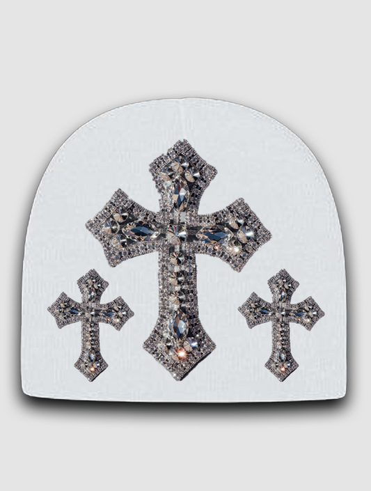 Cross Rhinestone Beanie White